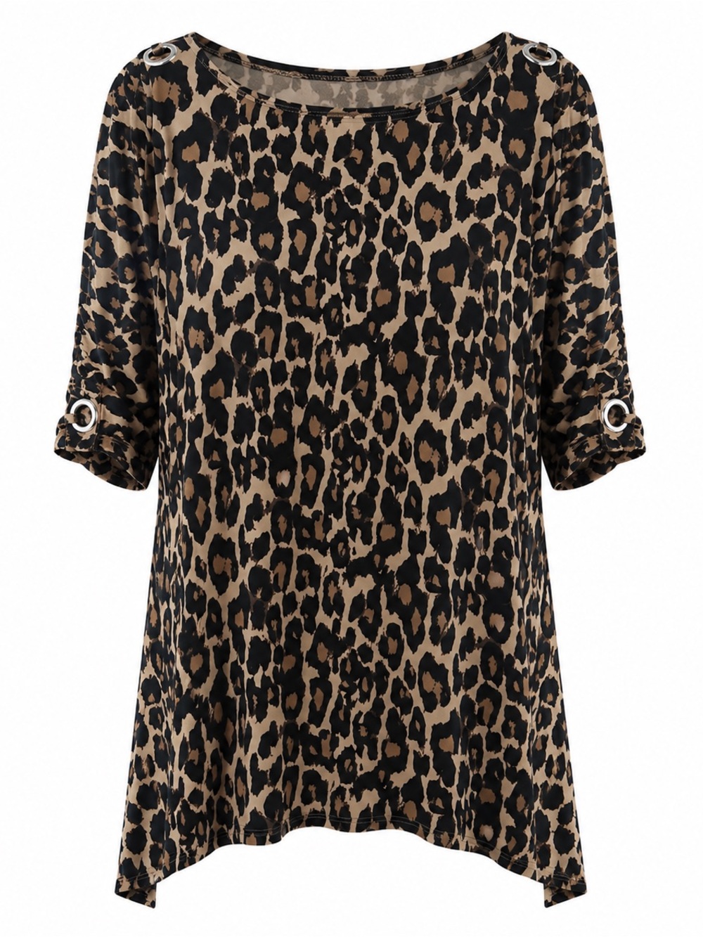 Cable & Gauge Womens Leopard Print Tunic Top XL Brown/Black 3/4 Sleeve Boat Neck